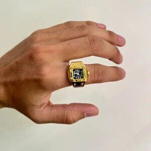 y2k 2000s vintage retro gold Tone Watch Ring with Round and square face